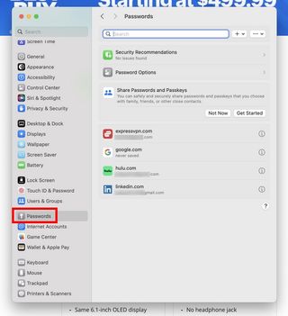 Sidebar of the MacBook Pro Passwords option