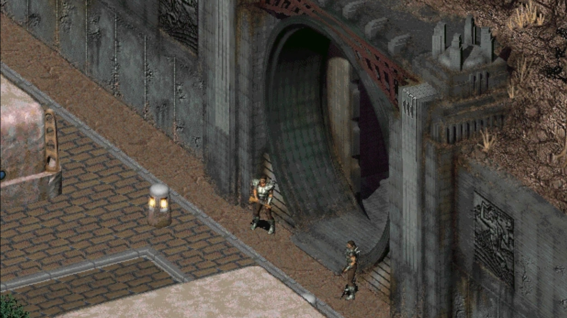 A screenshot of two raiders outside of Vault 8 in Fallout 2