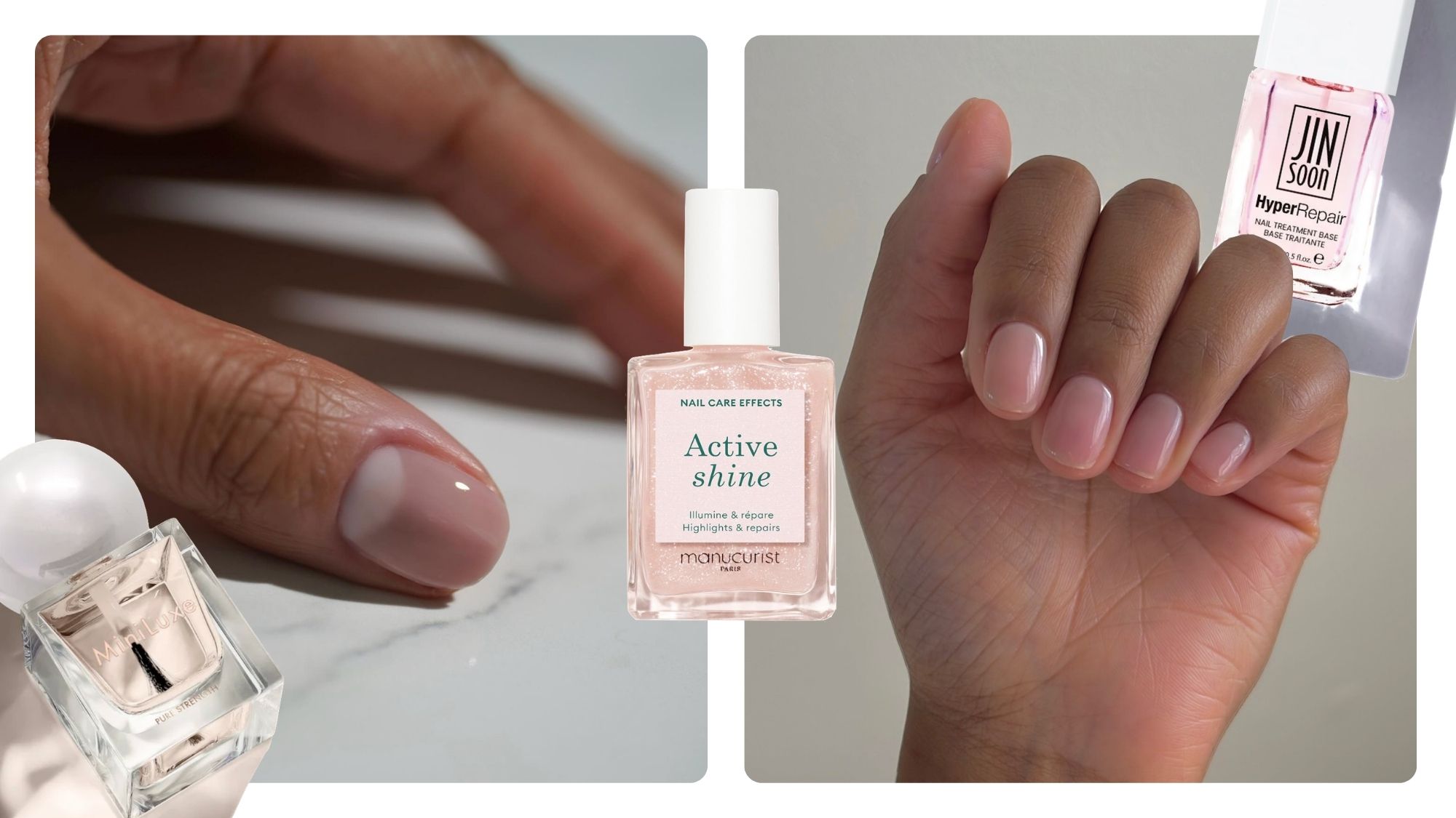 A collage of clean, manicured nails with nail strengthener products overlaid.