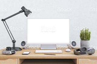 Blank monitor on desk with lamp and plant