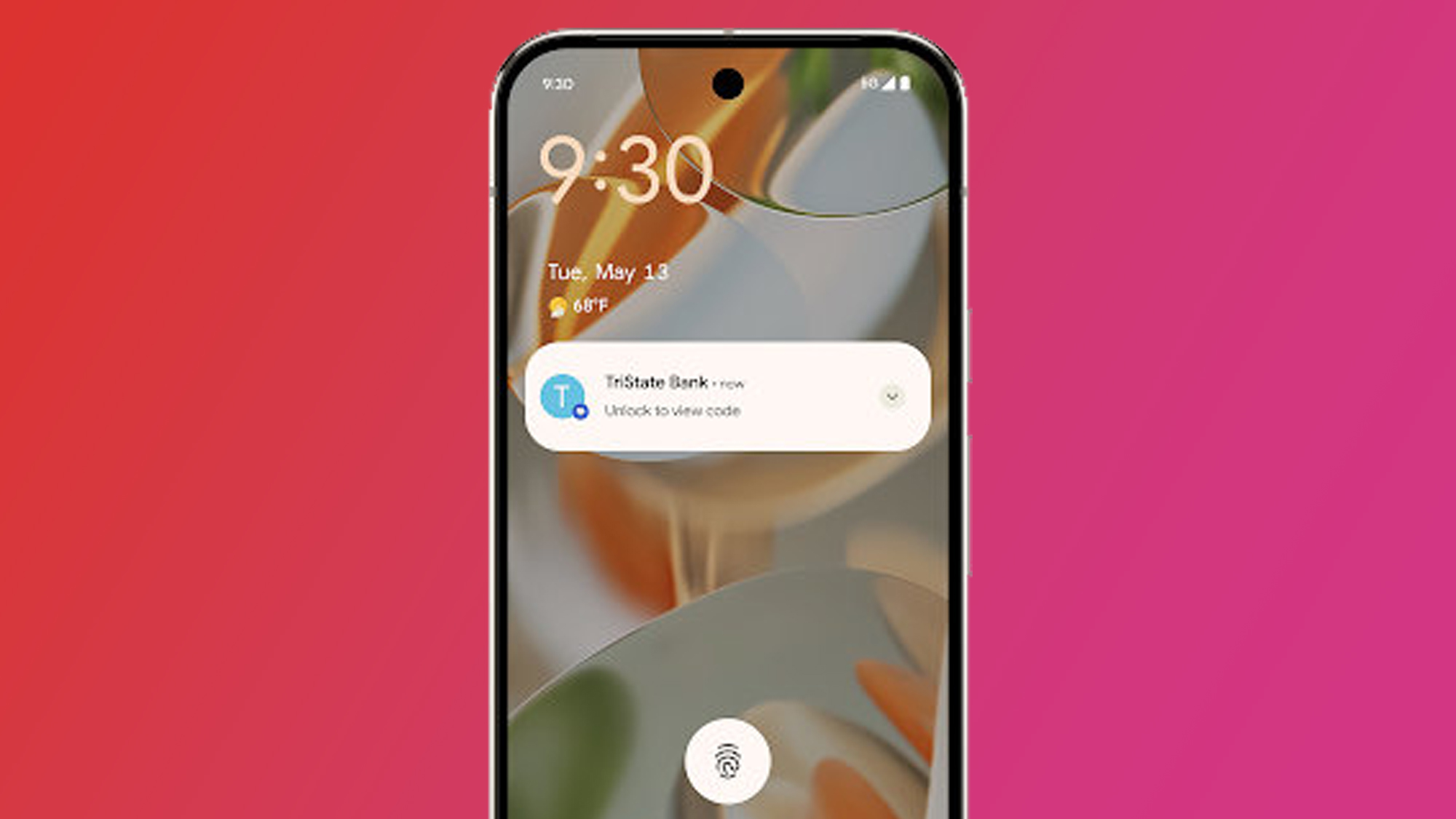 An Android phone on a pink and red background showing Android 16