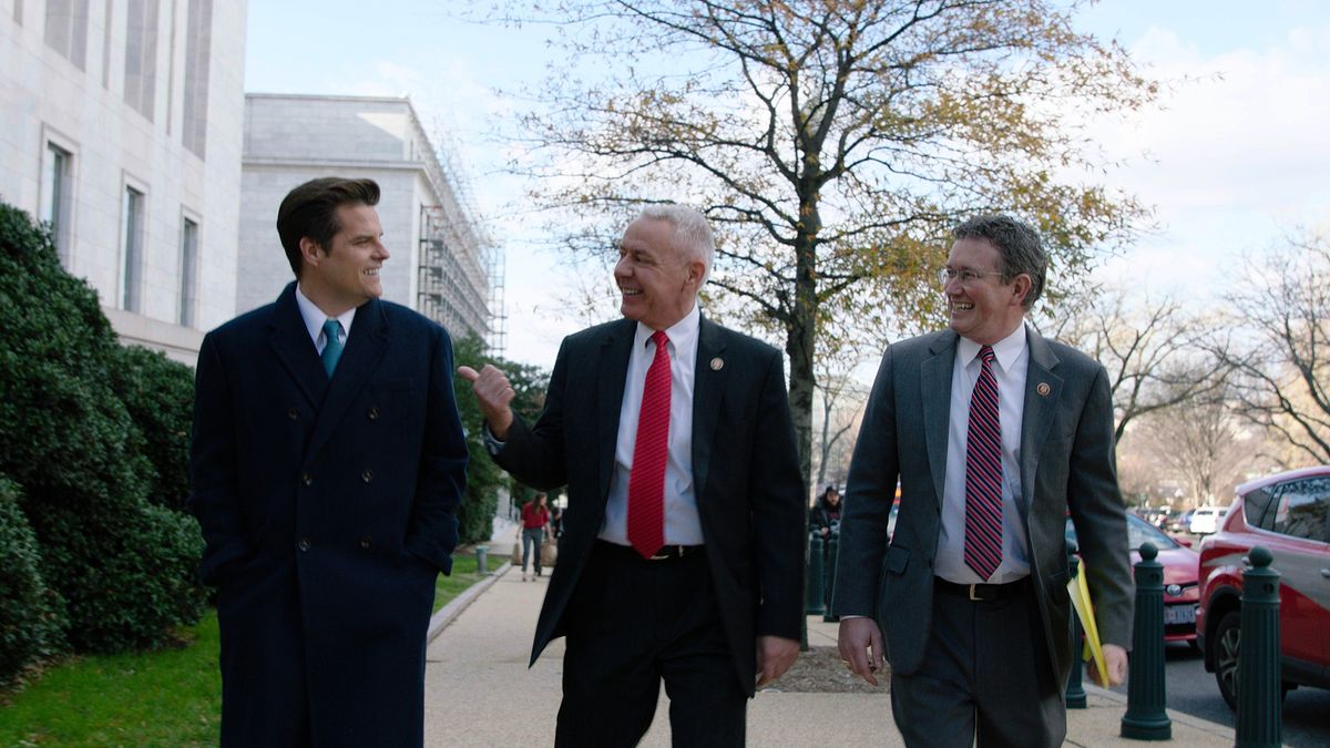 From left, U.S. Reps. Matt Gaetz, Ken Buck and Thomas Massie.