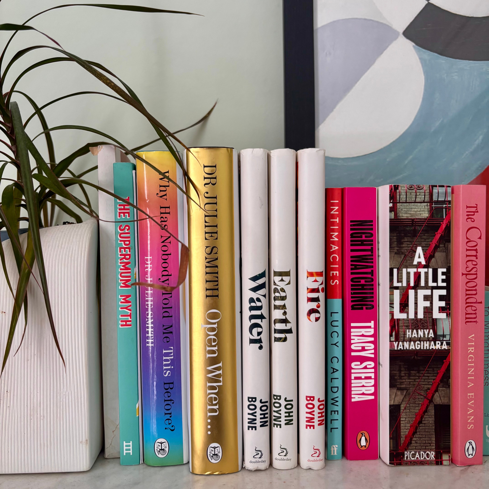 books on a shelf with plant