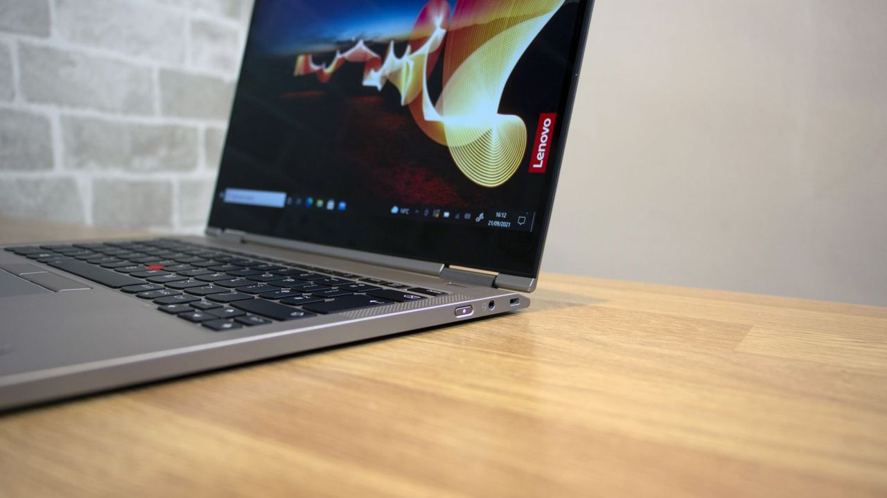A closeup of the Lenovo ThinkPad X1 Titanium Yoga's right-hand ports