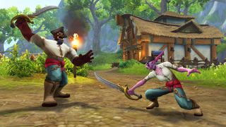 A World of Warcraft Orc and Night Elf battle in pirate outfits