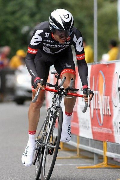 Carlos Sastre (Cervelo TestTeam) approaches the finish line on his way to 12th place for the day.