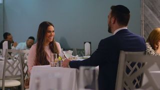 Faye Brezel on a dinner date in Jewish Matchmaking