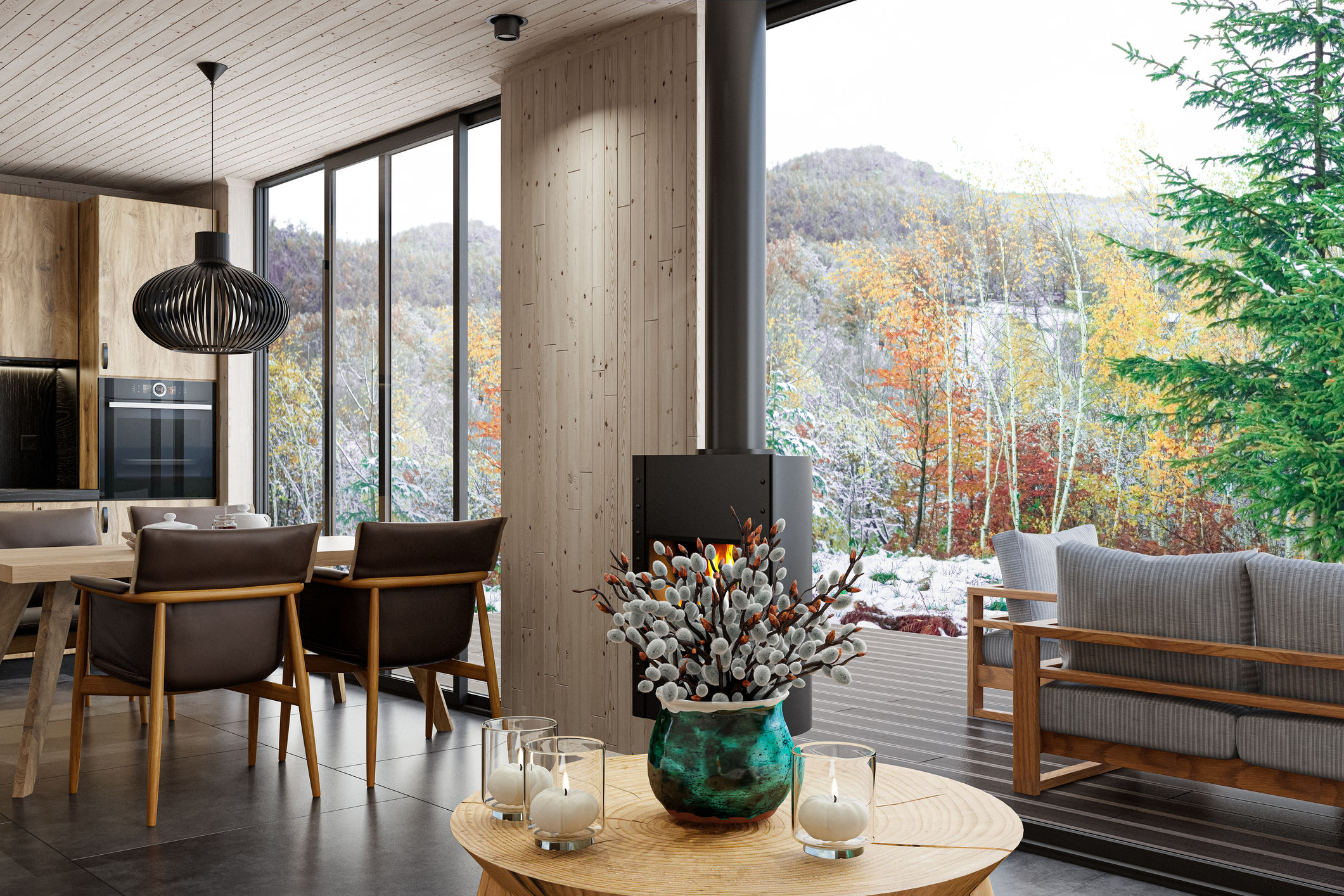 Living room and dining room of a home in the mountains