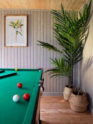 garden room with wooden floor, panelled grey wall, a pool table, and potted plants, with a print on the wall