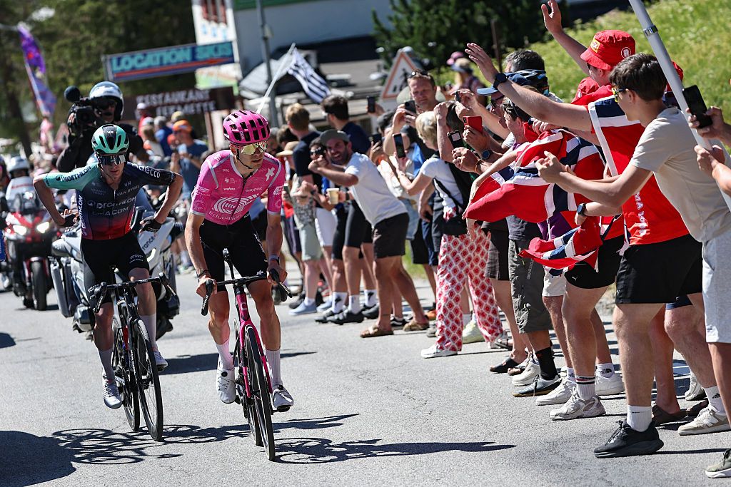 EF Education - EasyPost team's French rider Alex Baudin and Decathlon CMA CGM Team's French rider Nicolas Prodhomme cycle in a breakaway during the 3rd stage of the 113th edition of the Tour de France cycling race, 195,9 km between Granollers in Spain and Les Angles in southern France, on July 6, 2026. (Photo by Anne-Christine POUJOULAT / AFP)