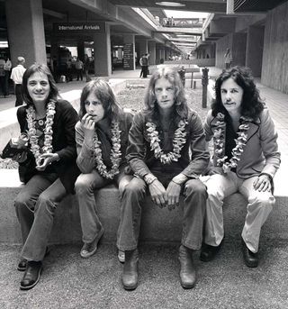 Humble Pie at Honolulu Airport, Hawaii, United States, 1972. L-R Steve Marriott, Clem Clempson, Greg Ridley, Jerry Shirley