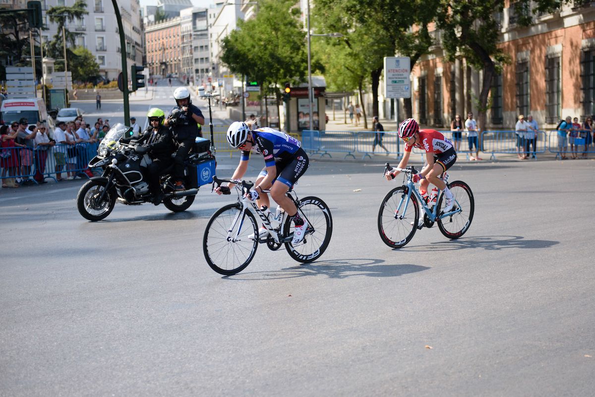 Simona Frapporti (Hitec Products) and Claudia Lichtenberg (Lotto Soudal) escape forming the most significant break of the day at Madrid Challenge by La Vuelta an 87km road race in Madrid, Spain