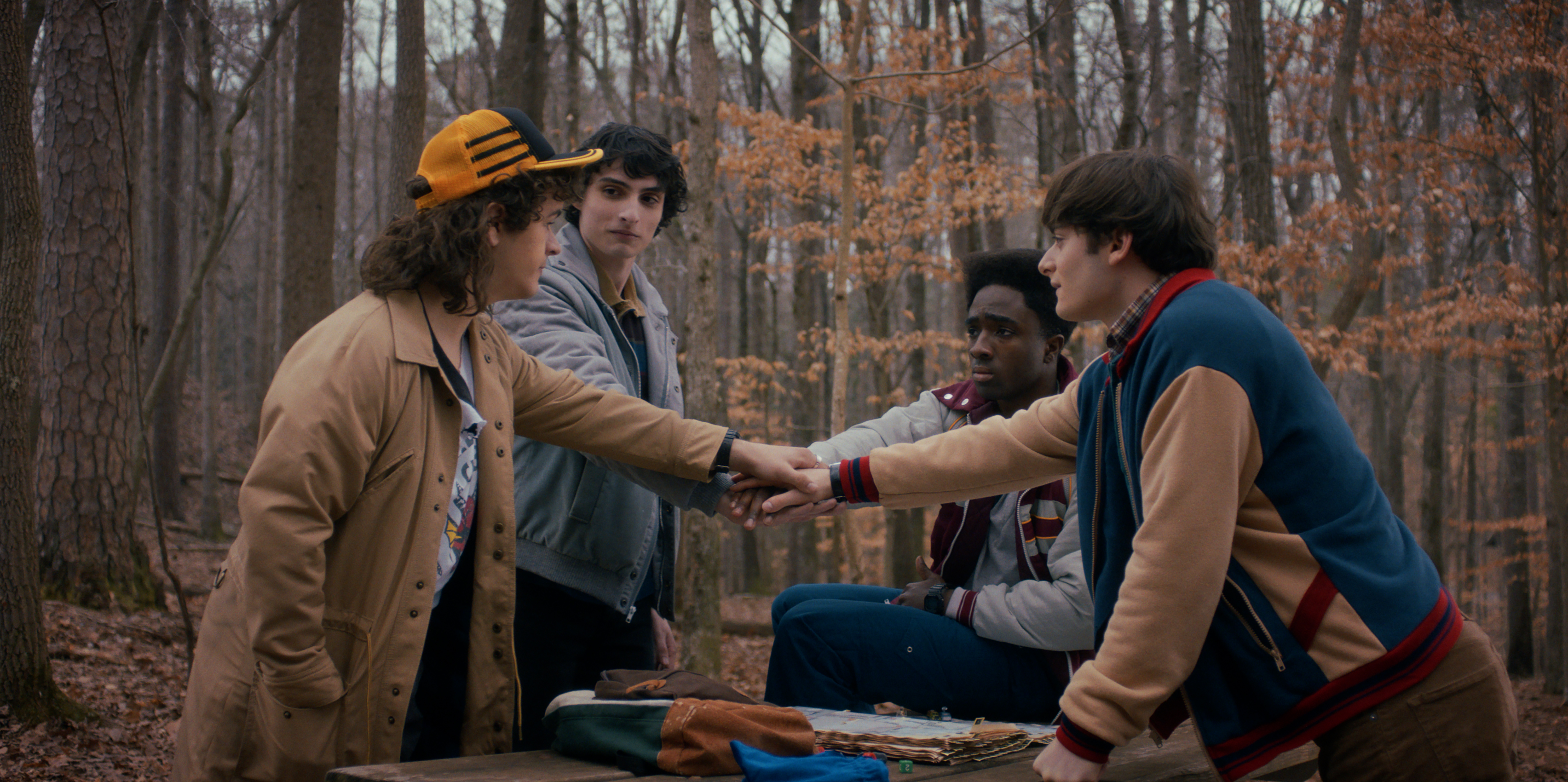 STRANGER THINGS: SEASON 5. (L to R) Gaten Matarazzo as Dustin Henderson, Finn Wolfhard as Mike Wheeler, Caleb McLaughlin as Lucas Sinclair, and Noah Schnapp as Will Byers in STRANGER THINGS: SEASON 5. Cr. Courtesy of Netflix &amp;copy;&amp;nbsp;2025