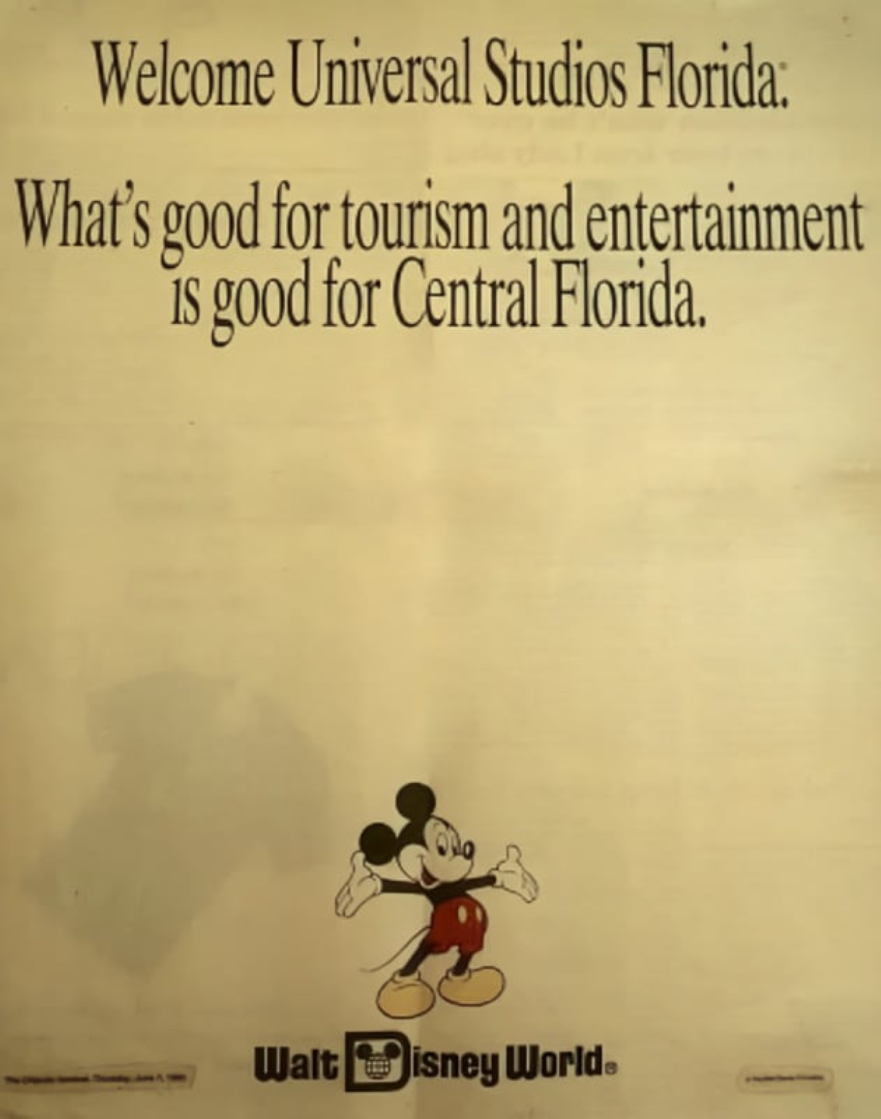 Disney World congratulates Universal Studios Florida Opening in newspaper ad