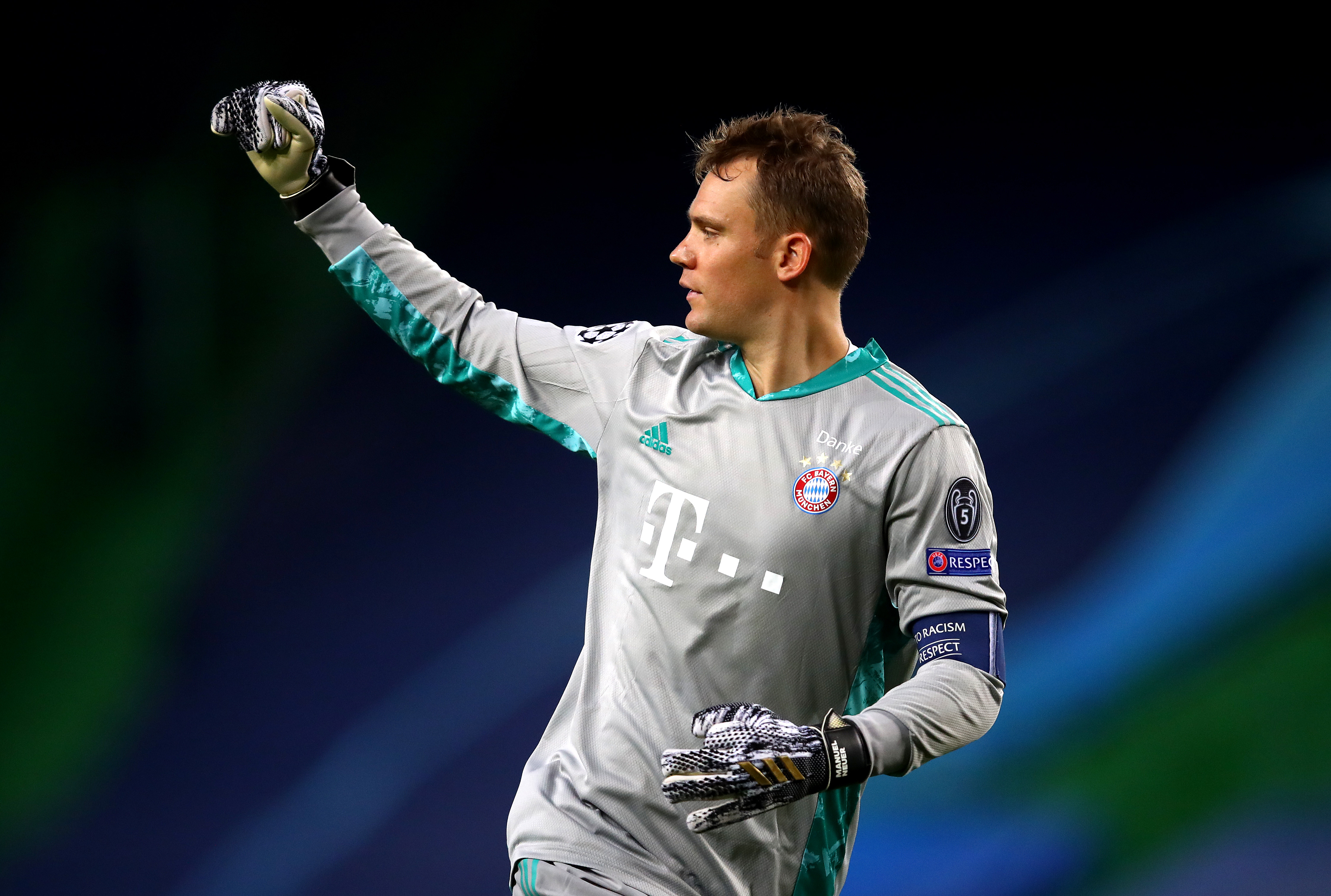 Manuel Neuer celebrates a goal for Bayern Munich against Lyon in the Champions League semi-finals in August 2020, played in a one-off match and without fans due to Covid-19 restrictions.