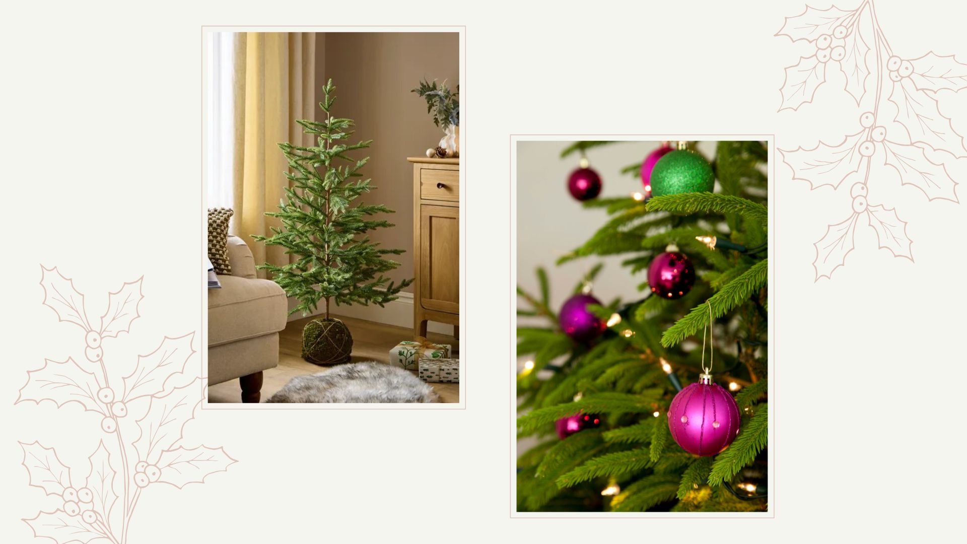  composite of moss ball christmas tree and close up on tree decorations
