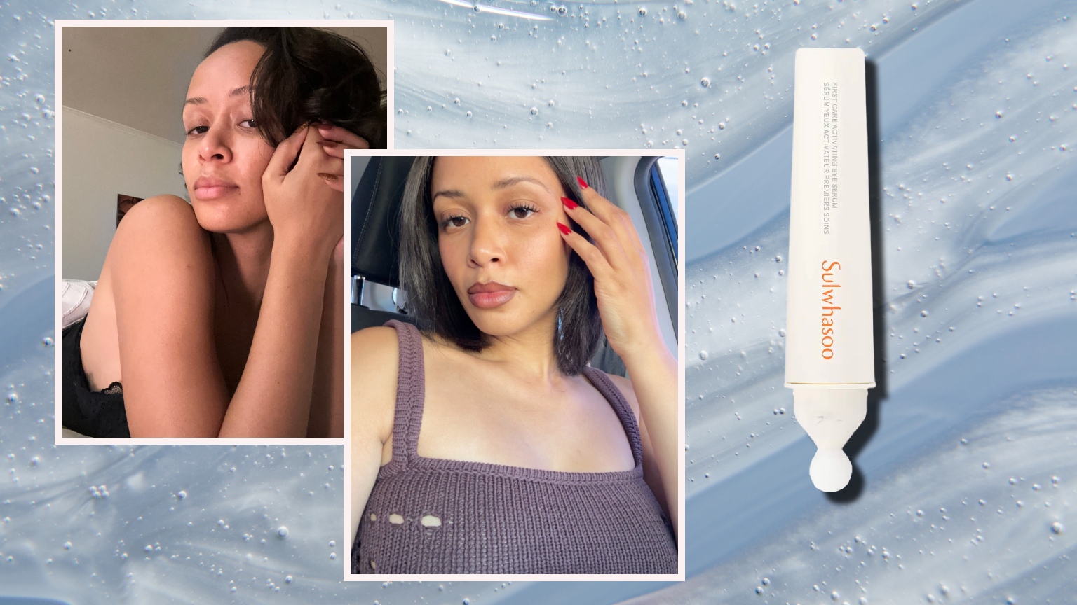 a black woman in before and after photos with glowing skin on a blue background next to a white tube of eye cream with orange writing