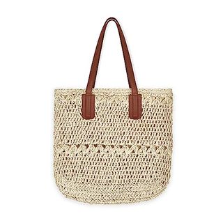 Woodland Leathers Women's Straw Shoulder Bag, Medium 
Large Summer Beach Tote With Zipper, Durable Leather Handles, Women Holiday Shoulder Bag With Versatile Styles and Colours (07_beige)