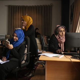 Kabul, Afghanistan, February 29, 2024. Female journalists working in the office of a women-focused media.