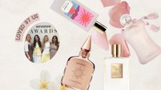 A collage featuring a picture of the digital beauty team and their summer holiday perfume picks, which include scents from Charlotte Tilbury, Memo Paris, Kilian Paris and Parfums de Marly arranged on a cream background with stock images of white flowers and pink rose petals with the words "loved by us".