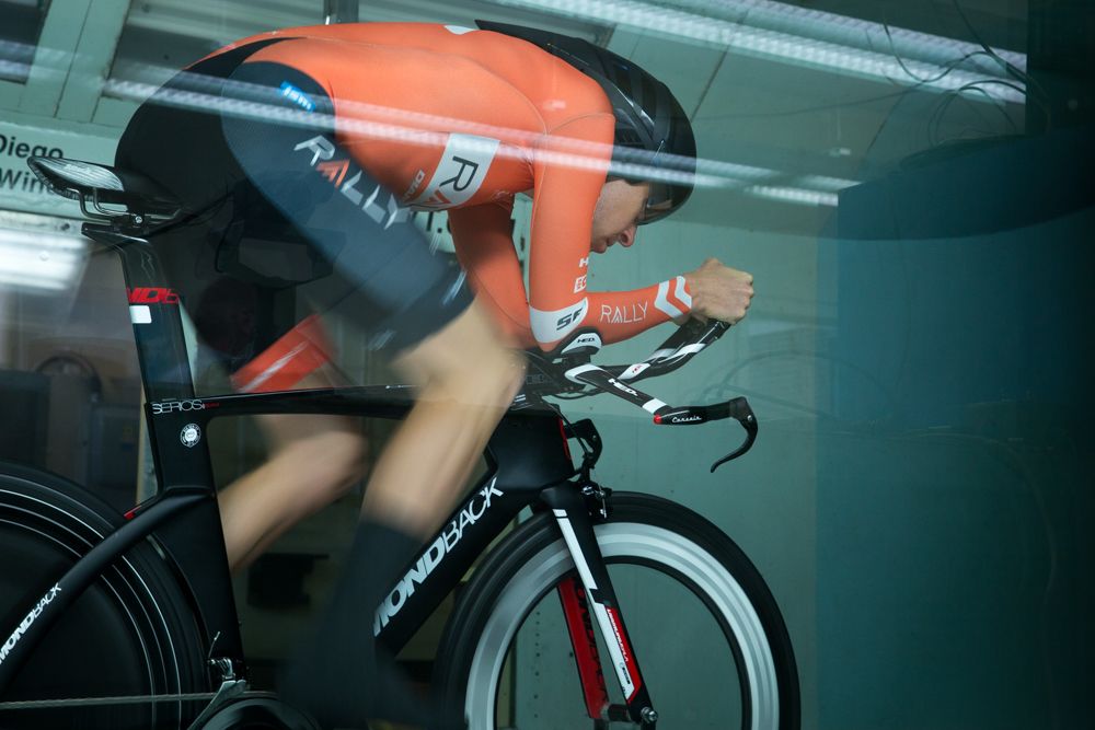 Britton gets up to speed inside the San Diego Wind Tunnel. The 2015 Tour of the Gila champion looks to improve against the clock and challenge for the overall at the Tour of California.