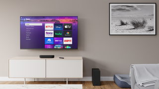 Living room with Roku TV, streambar, and wireless bass subwoofer