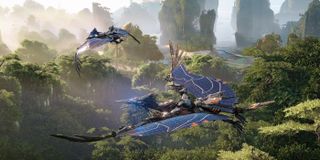 Horizon Forbidden West flying: Two Sunwings fly over the jungle in Horizon Forbidden West