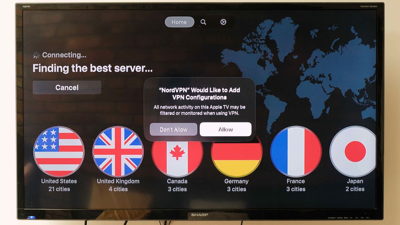 NordVPN app running on an Apple TV