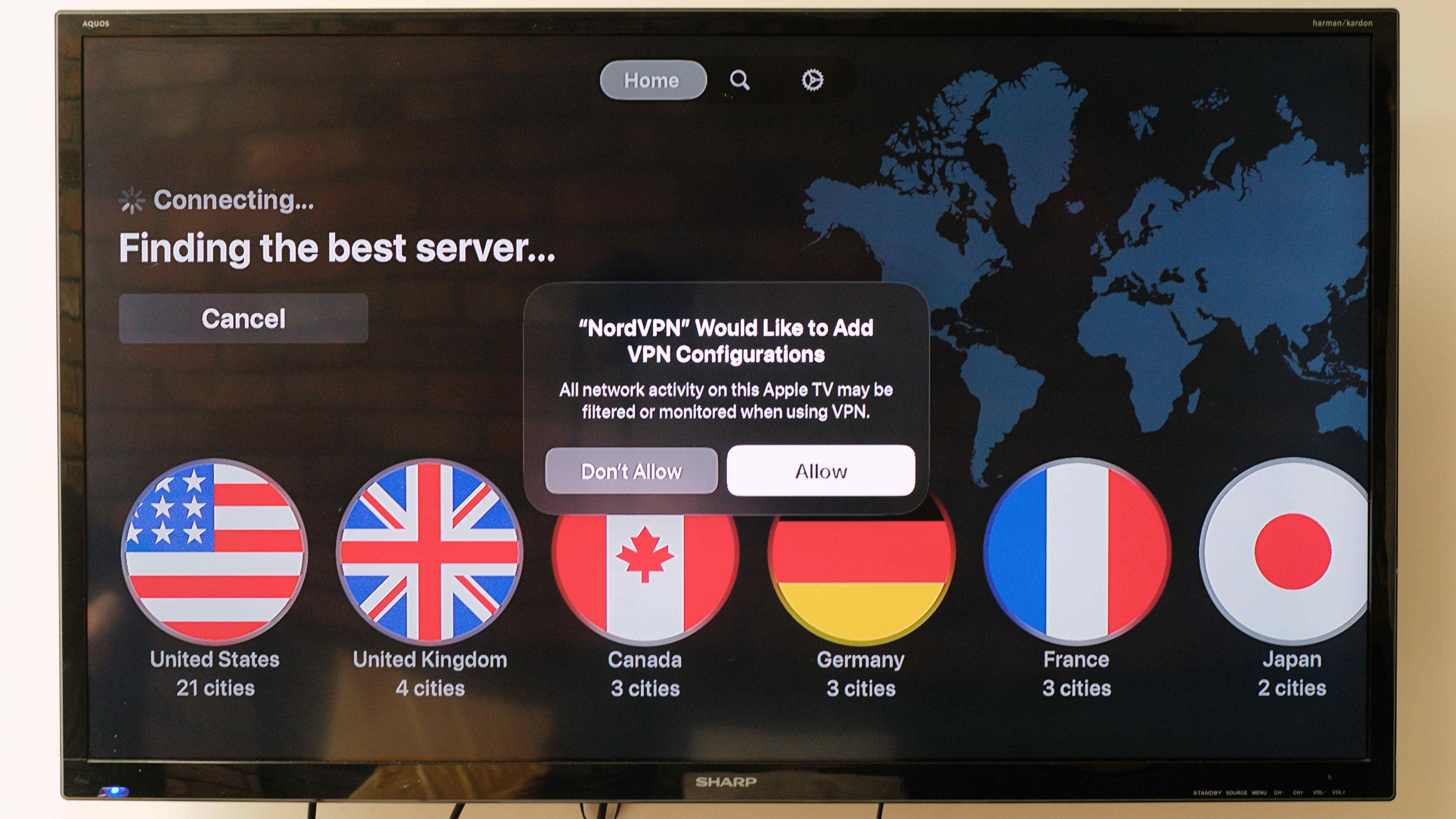 NordVPN app running on an Apple TV