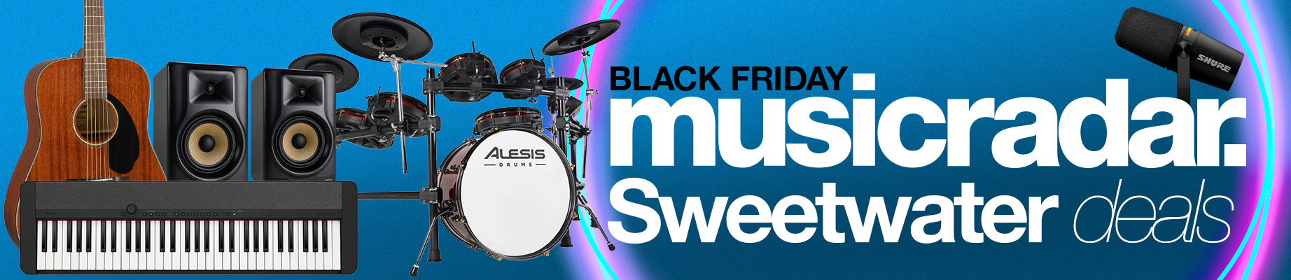 A selection of music gear on a blue background