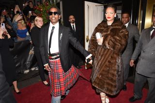 A$AP Rocky and Rihanna at The Carlyle Hotel before the 2023 Met Gala: Karl Lagerfeld: A Line of Beauty on May 1, 2023 in New York, New York.