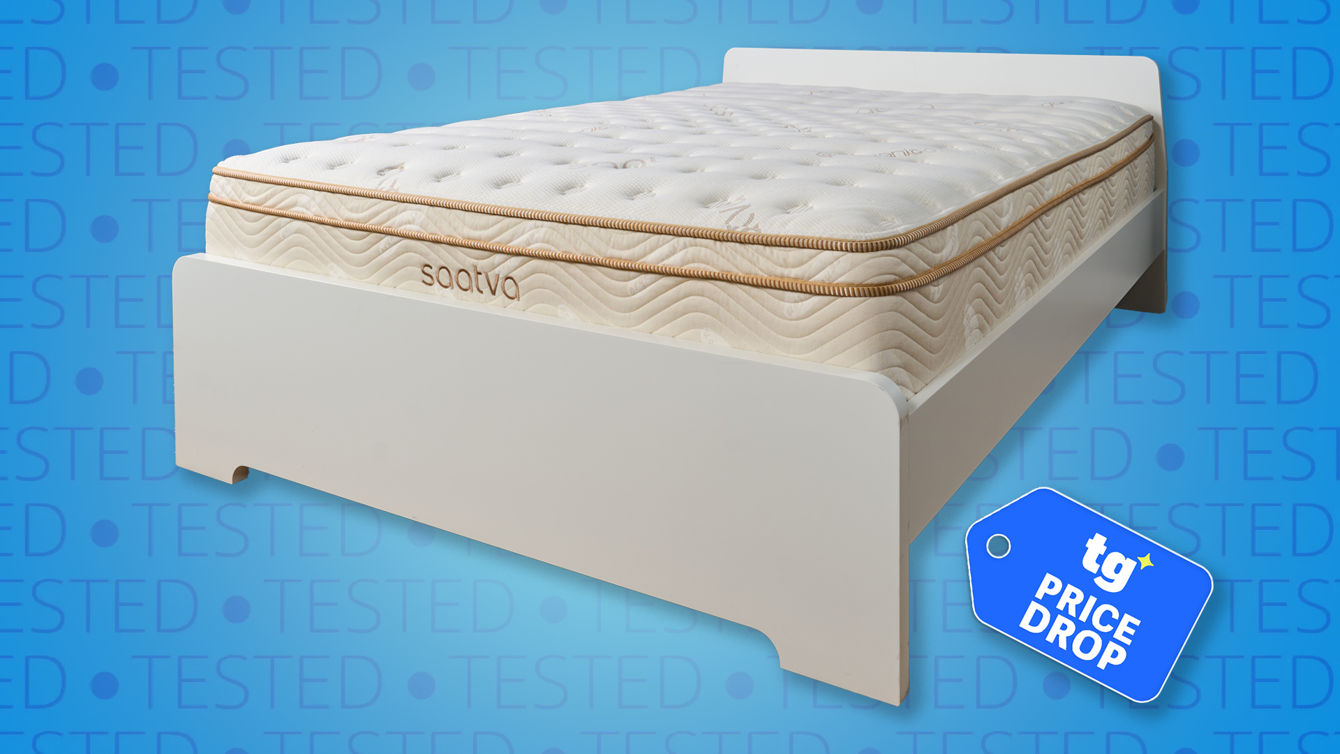 A Saatva Classic mattress on a bedframe against a graphic background saying 'tested'. In the bottom right corner is a Tom's Guide Price Drop deals badge.
