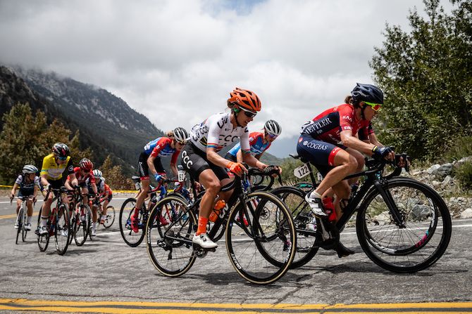 Amber Neben (Cogeas Mettler) leads the front group on the final climb of stage 2 of the 2019 Tour of California Women's Race