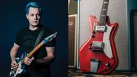 LEFT: Jack White poses with his custom Fender Three-Wheel-Motion Low-Rider Telecaster, at Third Man Records in Nashville, March 20, 2022. RIGHT: A detail of Jack White's 1964 &ldquo;JB Hutto&rdquo; Montgomery Ward Airline electric guitar