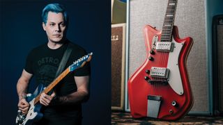 LEFT: Jack White poses with his custom Fender Three-Wheel-Motion Low-Rider Telecaster, at Third Man Records in Nashville, March 20, 2022. RIGHT: A detail of Jack White's 1964 &ldquo;JB Hutto&rdquo; Montgomery Ward Airline electric guitar