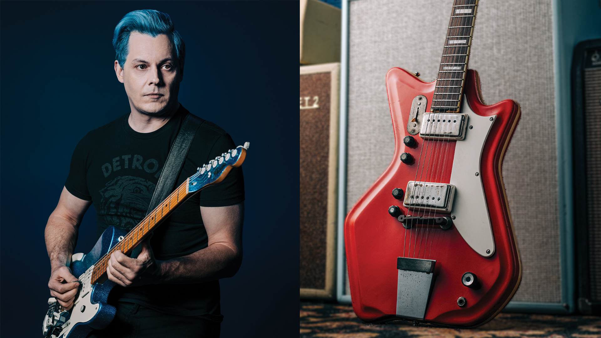LEFT: Jack White poses with his custom Fender Three-Wheel-Motion Low-Rider Telecaster, at Third Man Records in Nashville, March 20, 2022. RIGHT: A detail of Jack White's 1964 &ldquo;JB Hutto&rdquo; Montgomery Ward Airline electric guitar