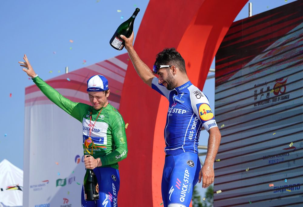 Fernando Gaviria and Remi Cavagna on the podium after stage 1 at the Tour of Guangxi