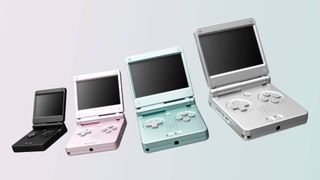 Anbernic RG SP range with clamshells open with black, pink, blue, and silver in a row.