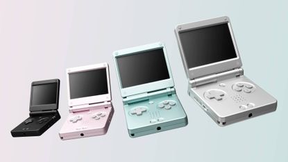 Anbernic RG SP range with clamshells open with black, pink, blue, and silver in a row.