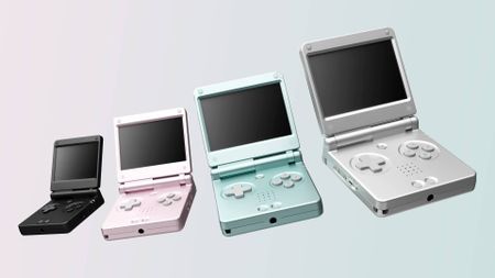 Anbernic RG SP range with clamshells open with black, pink, blue, and silver in a row.