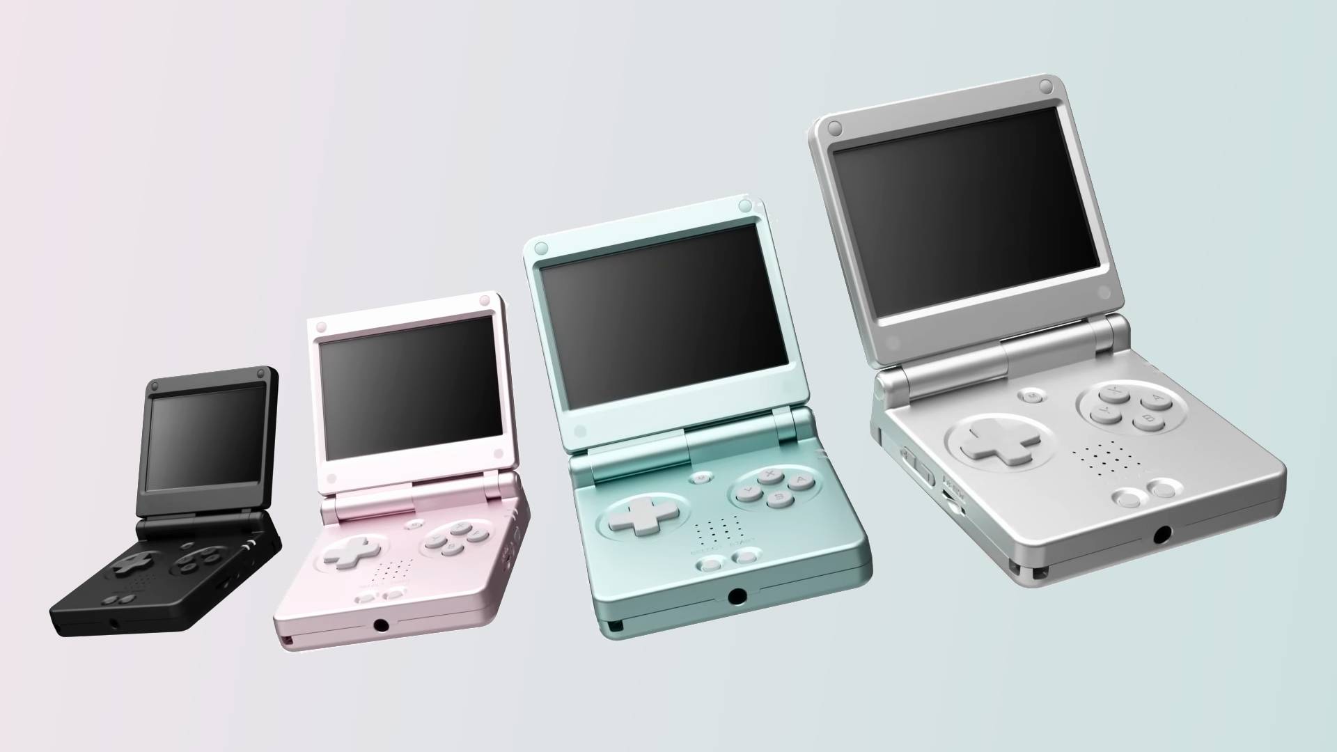 Anbernic RG SP range with clamshells open with black, pink, blue, and silver in a row.