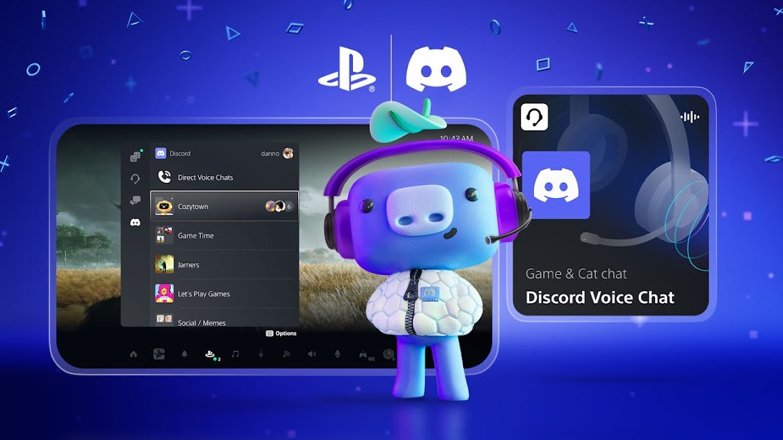The Discord mascot stood in front of a screenshot of the new PS5 Discord user interface.