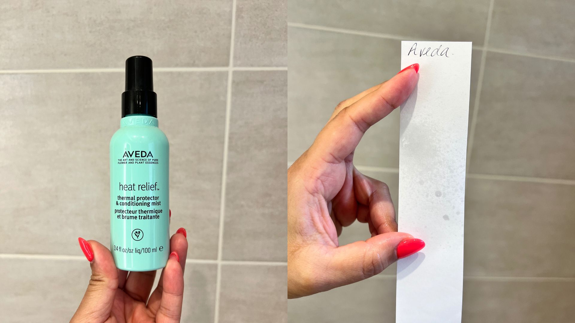 Aveda Heat Relief Thermal Protector &amp;amp; Conditioning Mist next to a paper strip showing the texture of the formula