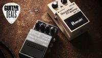 Boss IR-2 and BP-1W guitar pedals on a worn floor with the Guitar World deals logo