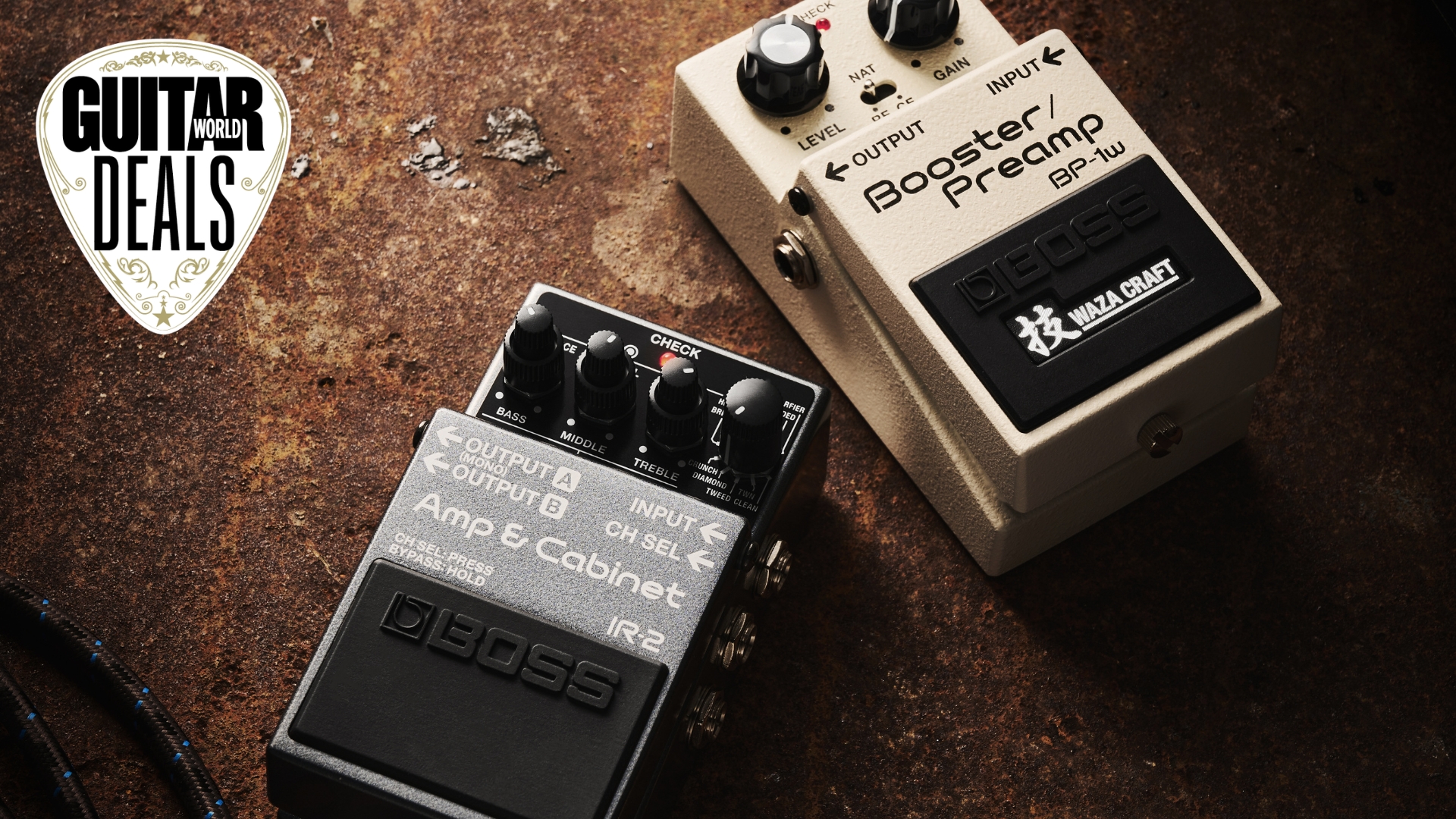 Boss IR-2 and BP-1W guitar pedals on a worn floor with the Guitar World deals logo