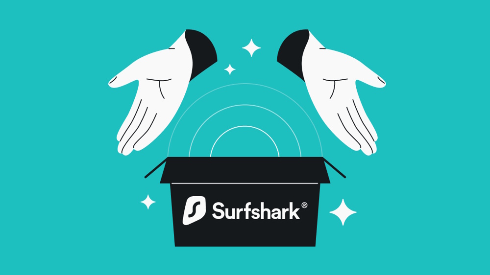 An illustration of two hands, palms outstretched, above an open box with the Surfshark VPN branding.