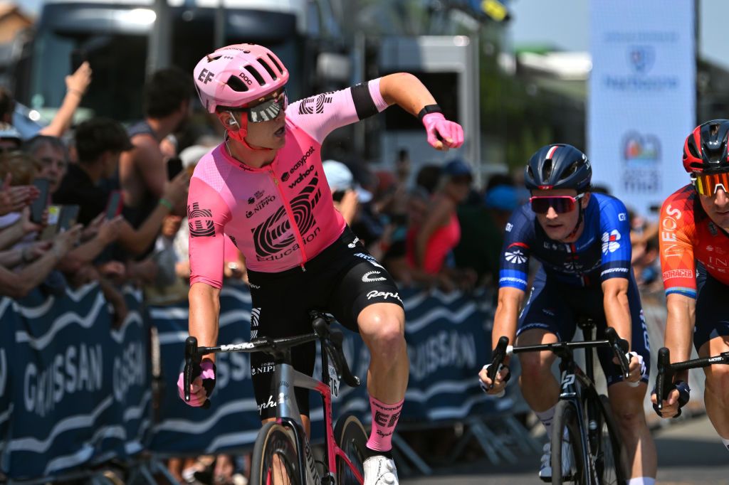GRUISSAN FRANCE JUNE 15 Marijn van den Berg of The Netherlands and Team EF EducationEasyPost celebrates at finish line as stage winner during the 47th La Route DOccitanieLa Depeche Du Midi 2023 Stage 1 a 1843km stage from Narbonne to Gruissan on June 15 2023 in Gruissan France Photo by Luc ClaessenGetty Images