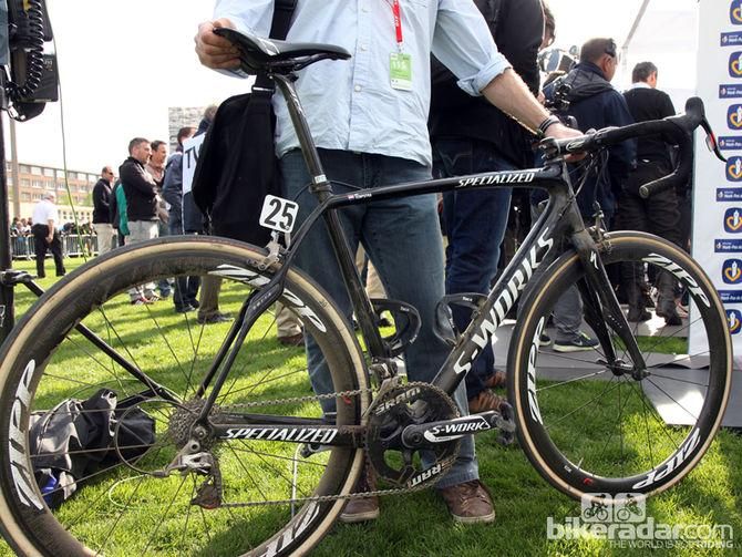 Niki Terpstra's (Omega Pharma-QuickStep) Specialized S-Works Roubaix SL4, just minutes after winning Paris-Roubaix
