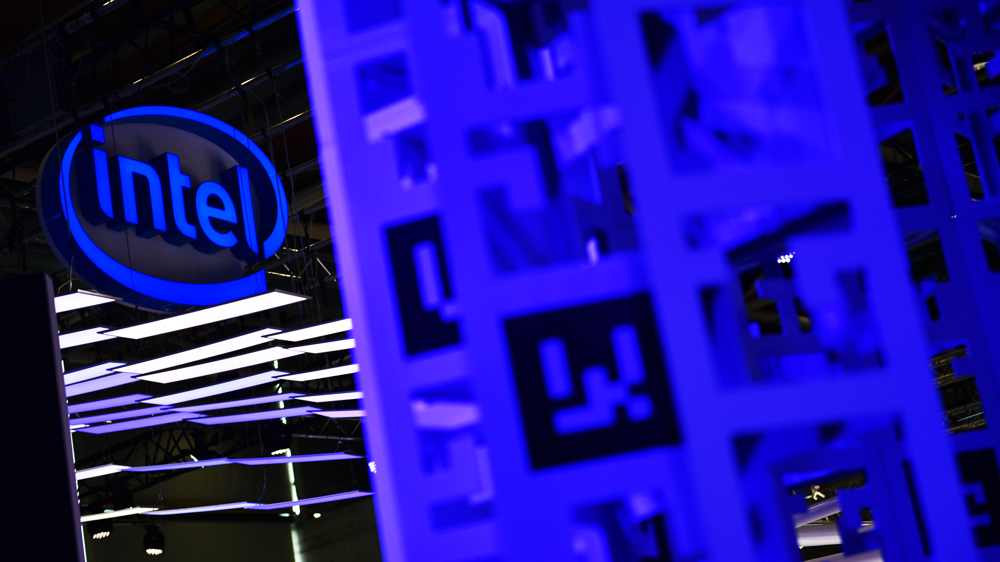HANOVER, GERMANY - JUNE 12: The Intel logo is displayed at the Intel stand at the 2018 CeBIT technology trade fair on June 12, 2018 in Hanover, Germany. The 2018 CeBIT is running from June 11-15. (Photo by Alexander Koerner/Getty Images)