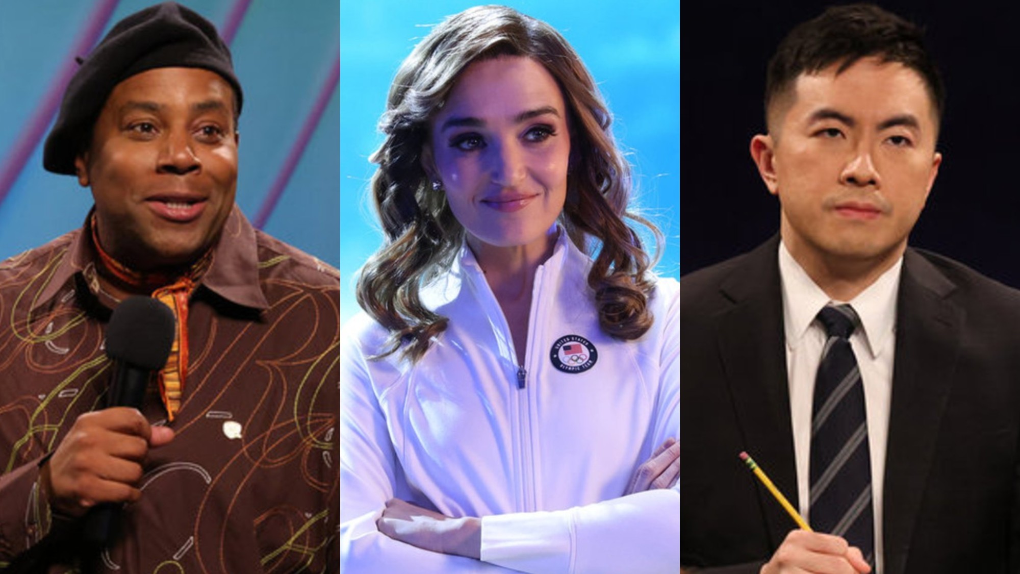 From left to right: Kenan Thompson holding a mic, Chloe Fineman crossing her arms and Bowen Yang writing on SNL. 